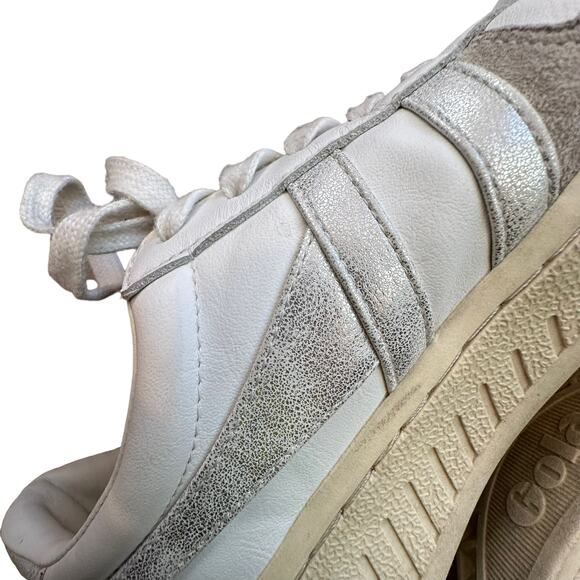 Gola | Size 7 Classic White Lace Up Sneakers Suede Trim Metallic Stripes Casual - Picture 4 of 8